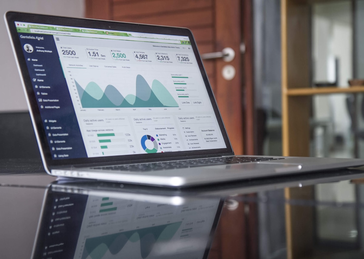 Analyst reviewing dashboards and charts on a laptop in a bright workspace.